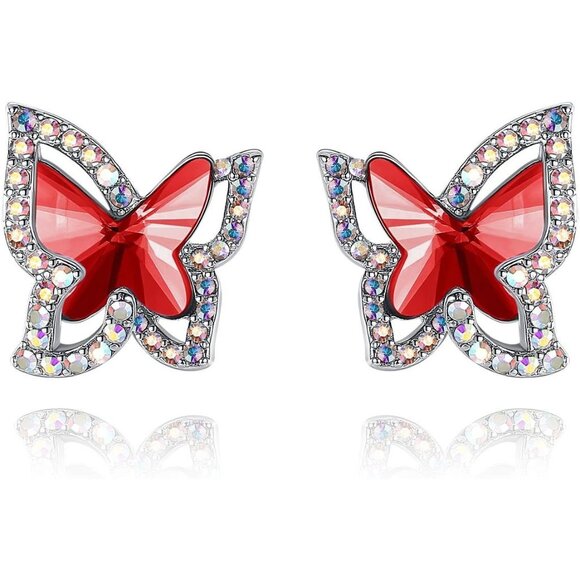 Women's Red Crystal Crisscros Butterfly Premium Birthstone Stud Sparkle Earrings - Picture 2 of 5